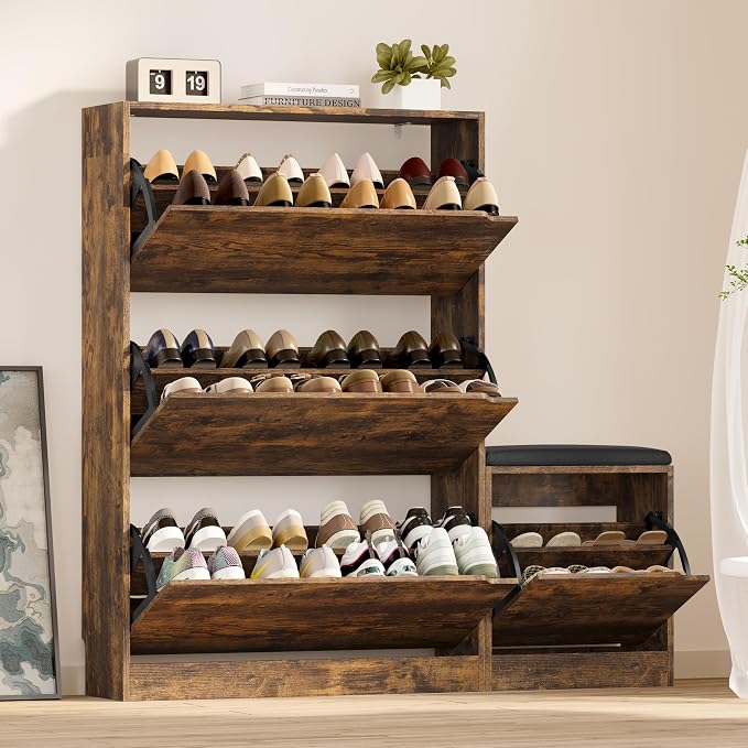 BORNOON Shoe Cabinet with Bench and 3 Flip Drawers, Slim Narrow Shoe Storage by BORNOON