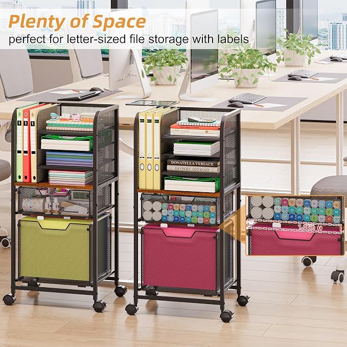 6-Tier Rolling File Cart with 2 Drawers, File Cabinet Organizer - Image 3