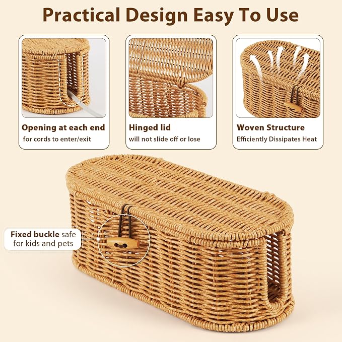Cable Management Box, Handwoven Faux Rattan Cord Organizer Box - Image 5