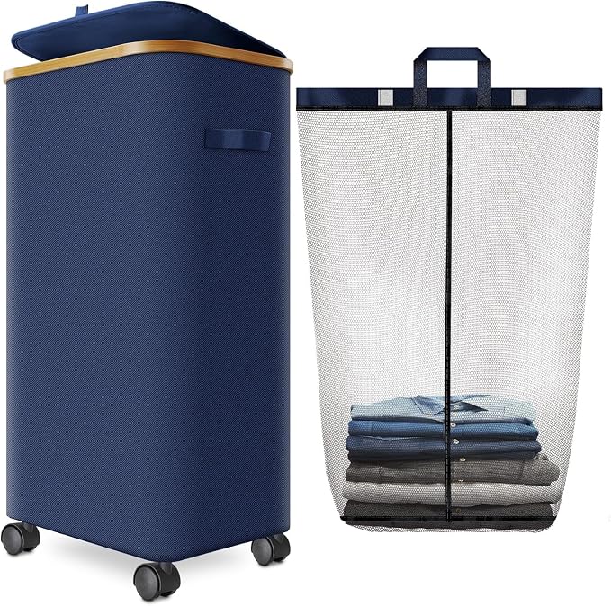 Laundry Hamper with Wheels and Lid, Foldable Rolling Laundry Basket Dirty by Wuevu