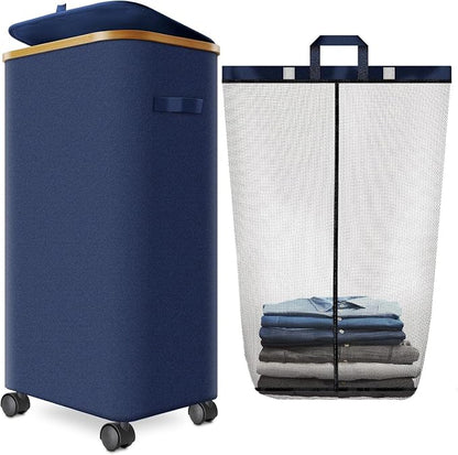 Laundry Hamper with Wheels and Lid, Foldable Rolling Laundry Basket Dirty by Wuevu