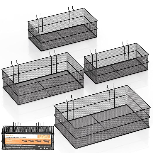 INCLY 4 Pack Upgrade Pegboard Baskets, 4 Sizes Square Metal Mesh Basket | Peg by INCLY