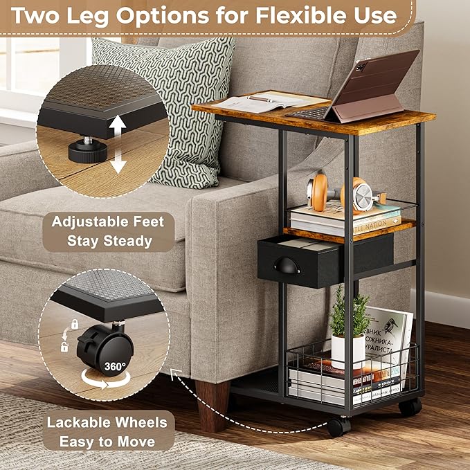 C Shaped Sofa Side Table with Wheels, Rolling Small Coffee Table with Drawer - Image 6