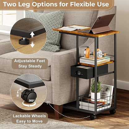 C Shaped Sofa Side Table with Wheels, Rolling Small Coffee Table with Drawer - Image 6