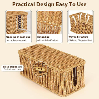 Cable Management Box, Handwoven Faux Rattan Cord Organizer Box - Image 5
