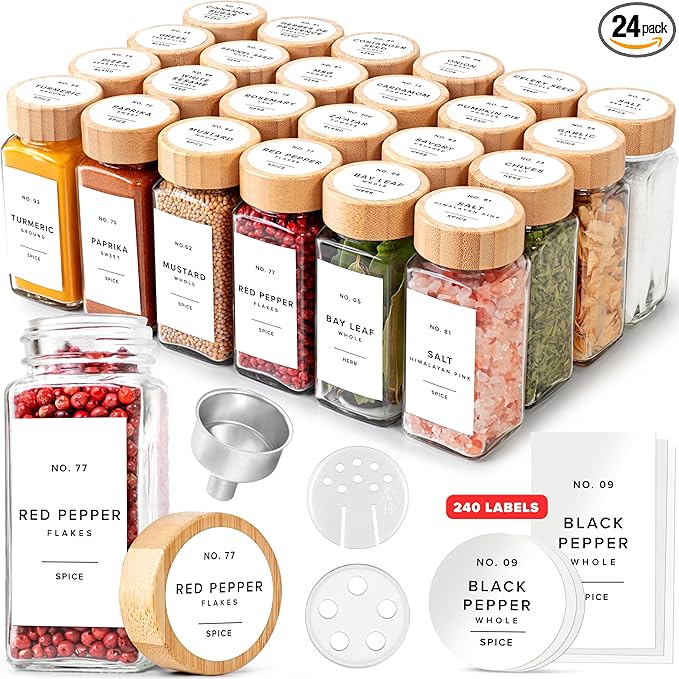 Square Spice Jars with Bamboo Wooden Lid Spice Jars with Shaker Insert and 240 by EDELHAUS