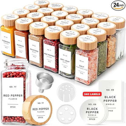 Square Spice Jars with Bamboo Wooden Lid Spice Jars with Shaker Insert and 240 by EDELHAUS