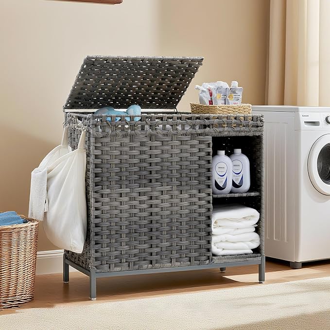 Laundry Hamper with Lid, 110L Rattan Laundry Hamper 2 Section with 50L Storage by Gitelnour
