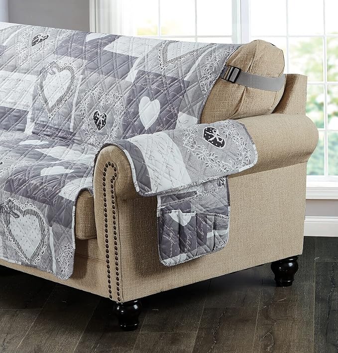Brilliant Sunshine Grey Heart Love Patchwork Couch Armrest 5 Pockets Organizer - Image 7