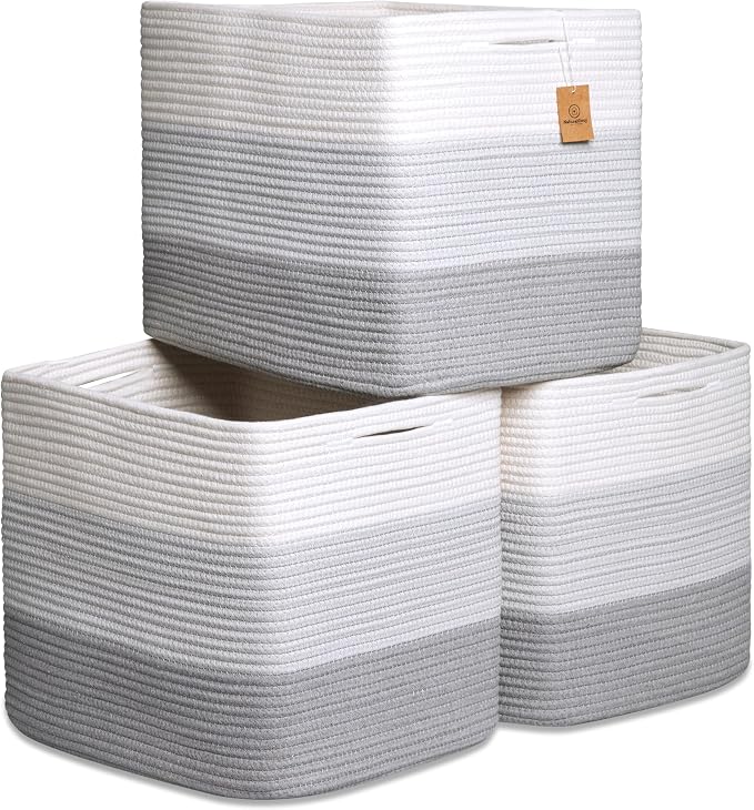 NaturalCozy 13x15x13 Kallax Storage Cubes Bins, 3 Pack | Cotton Rope Cube by NaturalCozy