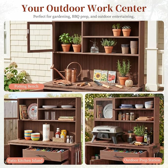 Potting Bench with Hutch, Large Countertop, Patio Kitchen Island with - Image 5