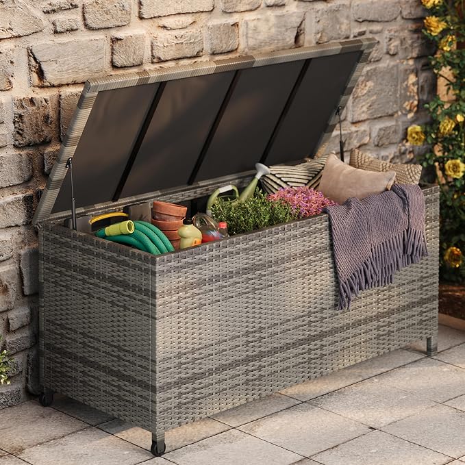 125 Gallon Large Deck Box Waterproof PE Rattan Outdoor Storage Box by Garvee