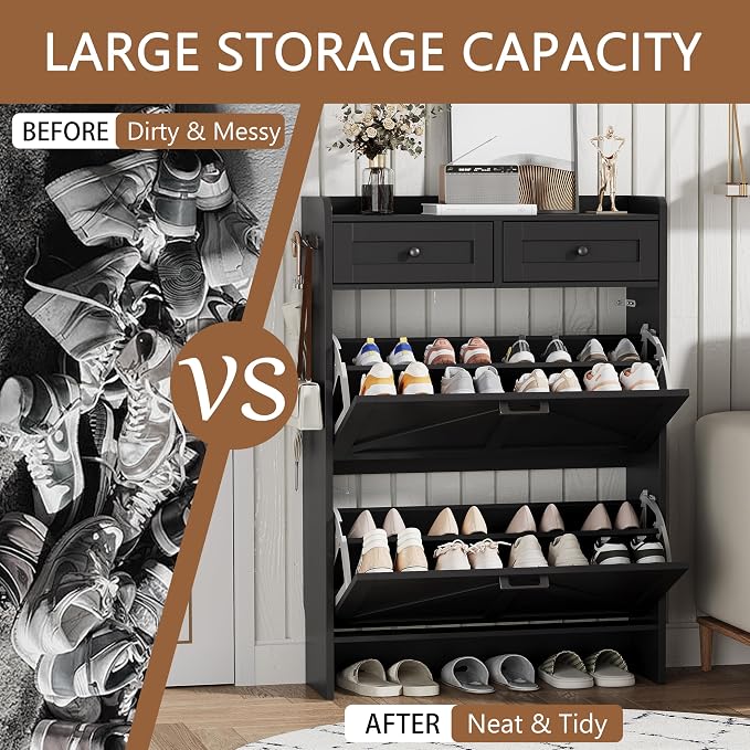 Shoe Cabinet with 2 Flip Drawers & 2 Top Drawers, Hidden Slim Shoe Rack - Image 7