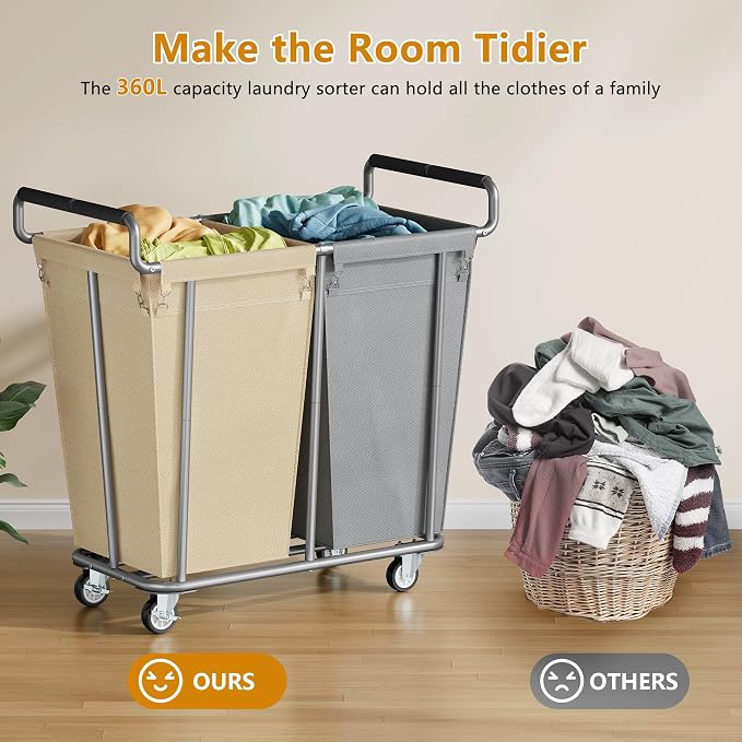 Large laundry hamper with Wheels, 2 Bag 360L Big Rolling Laundry Basket Sorter - Image 4