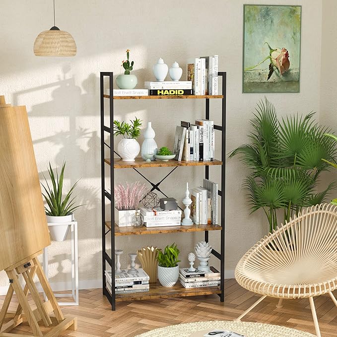 NUMENN 4 Tier Bookshelf, Tall Freestanding Open Storage Bookcase, Vintage | - Image 2