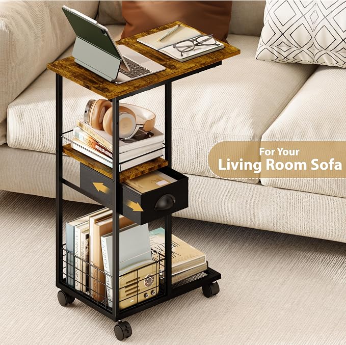 C Shaped Sofa Side Table with Wheels, Rolling Small Coffee Table with Drawer - Image 9