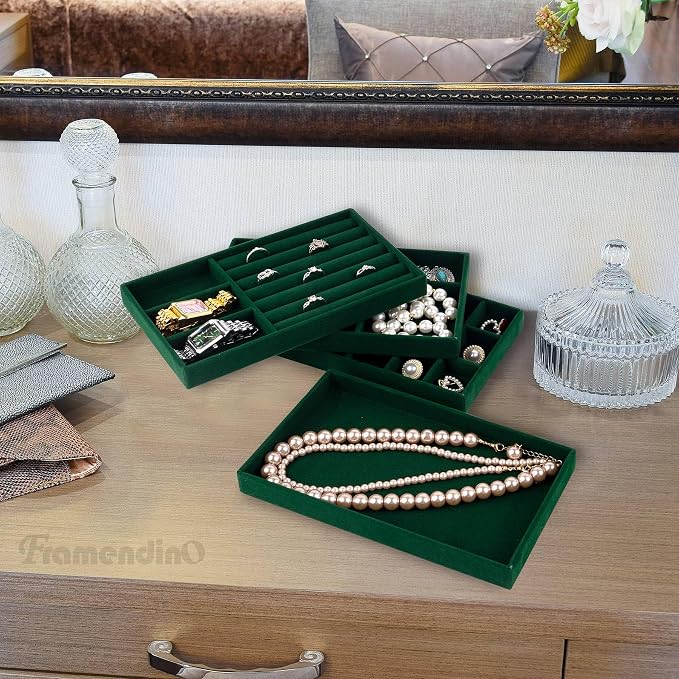 Framendino, 4 Pack Green Velvet Jewelry Trays Stackable Organizer Drawer - Image 3