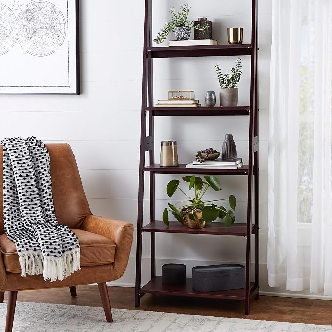 Amazon Basics Ladder Bookshelf Organizer, Solid Rubberwood Frame, Walnut Finish - Image 2
