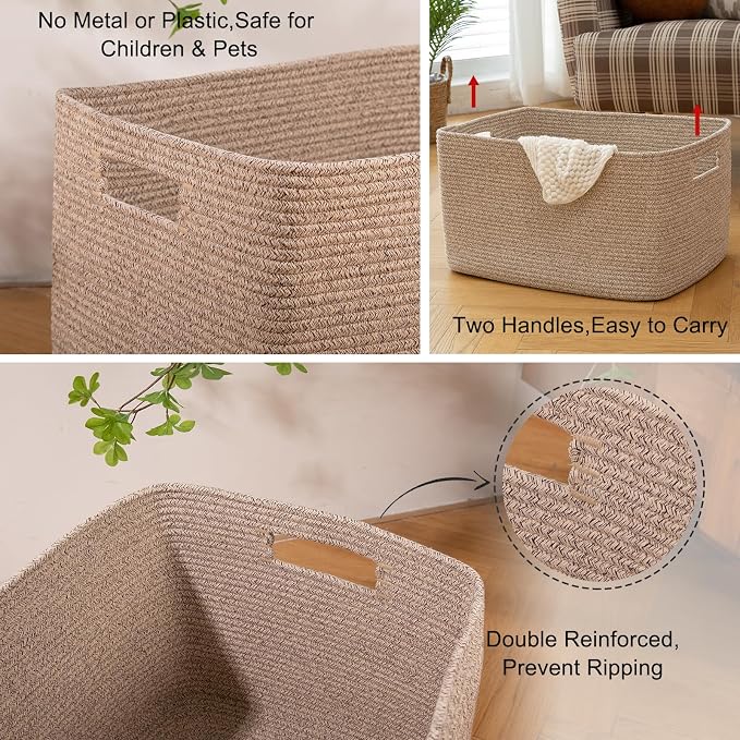 OIAHOMY 75L Large Blanket Basket, 22”x17”x12” Woven Cotton Rope Storage Basket - Image 9