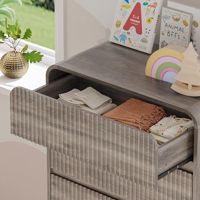 Tall Dresser for Bedroom with 5 Drawers, Fluted Chest of Drawers with Round - Image 5
