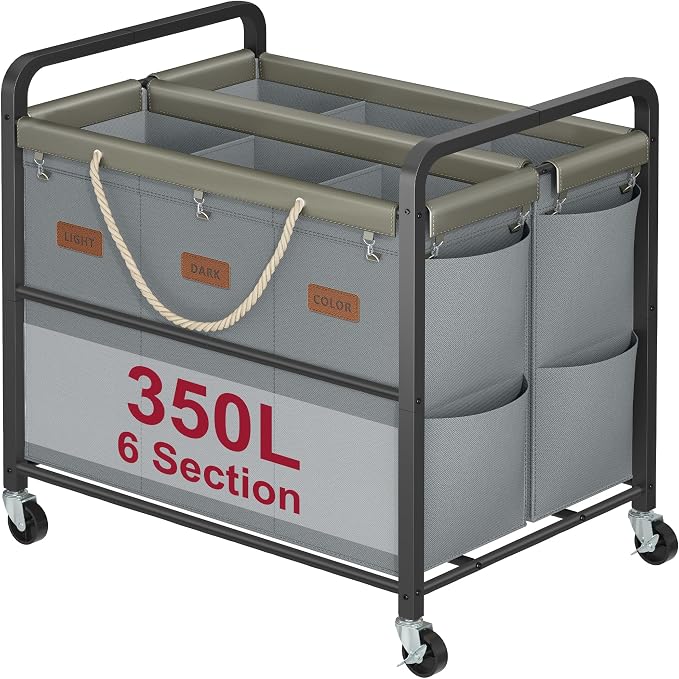 Tajsoon 350L Extra Large Laundry Cart 6 Section, Heavy Duty Laundry Sorter by Tajsoon