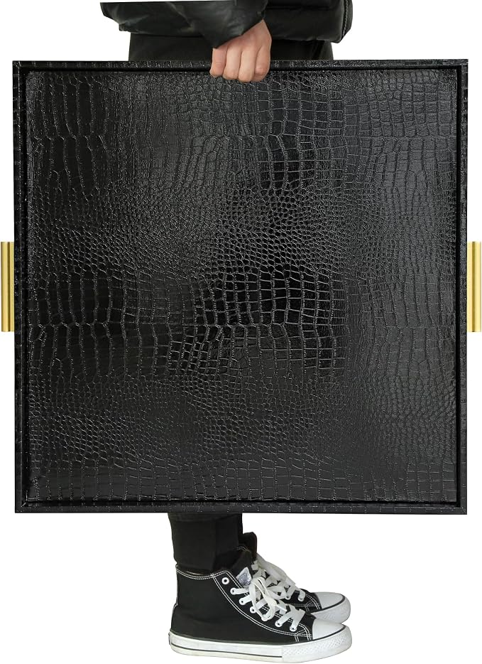 HofferRuffer Extra Large Square Serving Tray, Elegant Faux Leather Ottoman Tray - Image 5
