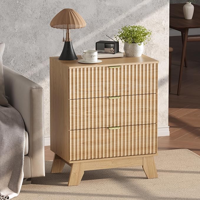 Natural Oak Night Stand with 3 Drawers, Bedside Table & End Table, Farmhouse - Image 4