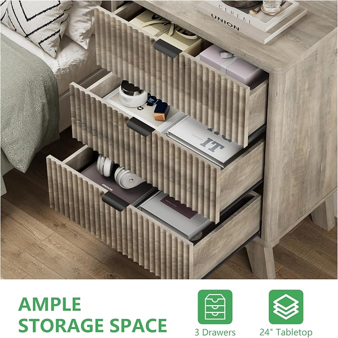 Fluted Nightstand with 3 Storage Drawers, Mid Century Modern Wooden Side Table - Image 4