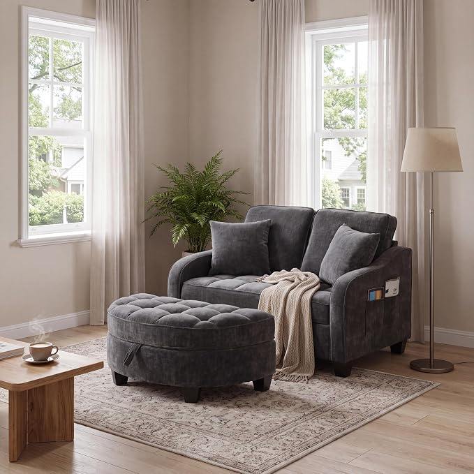ERYE Chenille Tufted Loveseat Sofa and Ottoman Set, Tufted Recliner Sleeper - Image 4