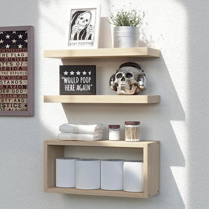 RICHER HOUSE 3-Set Floating Shelves, Natural Bathroom Shelf Over Toilet | Cube by RicherHouse