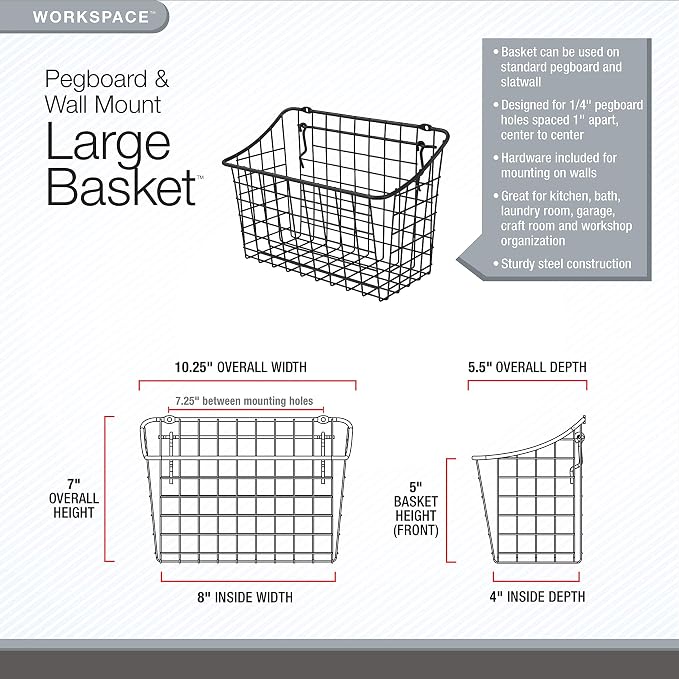 Spectrum Large Wire Basket Pegboard Wall Organizer Metal Pegboard Storage Bin - Image 3