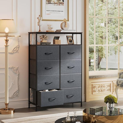WLIVE 8 Drawer Fabric Dresser Open Shelves, Tall Bedroom Chest, Dark Grey | - Image 4