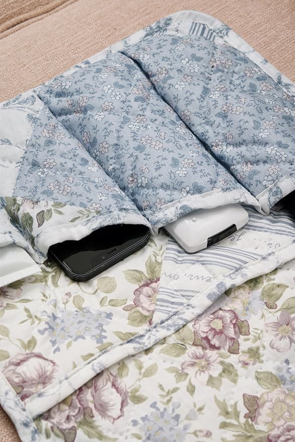 Brilliant Sunshine Blue Rose Patchwork Couch Armrest 5 Pockets Organizer - Image 4
