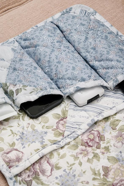 Brilliant Sunshine Blue Rose Patchwork Couch Armrest 5 Pockets Organizer - Image 4