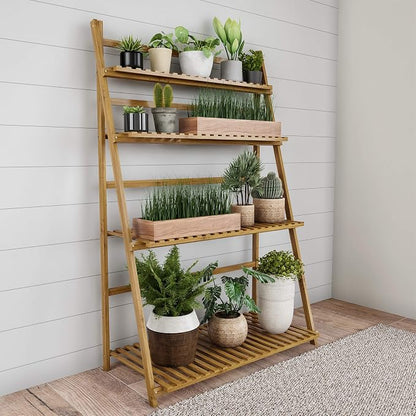 Pure Garden Ladder Plant Stand-4 Tier Freestanding Bamboo Storage - Image 2