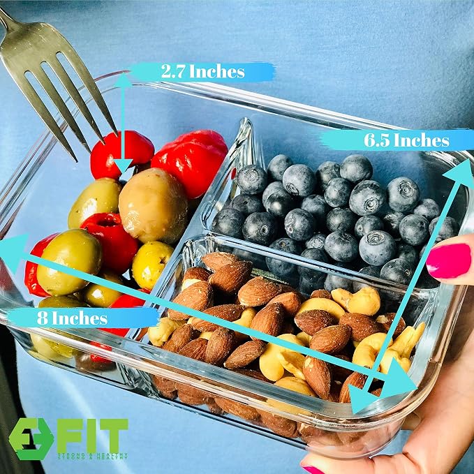 Glass Meal Prep Containers 3 Compartment, 3 Pack 32 oz Leakproof Lids Blue | - Image 8