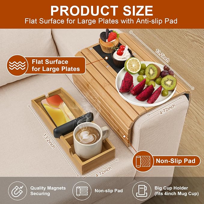 Joy&Grace Couch Cup Holder, 3-in-1 Magnetic Detachable Couch Arm Tray, Bamboo - Image 2
