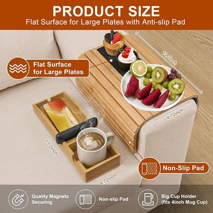 Joy&Grace Couch Cup Holder, 3-in-1 Magnetic Detachable Couch Arm Tray, Bamboo - Image 2