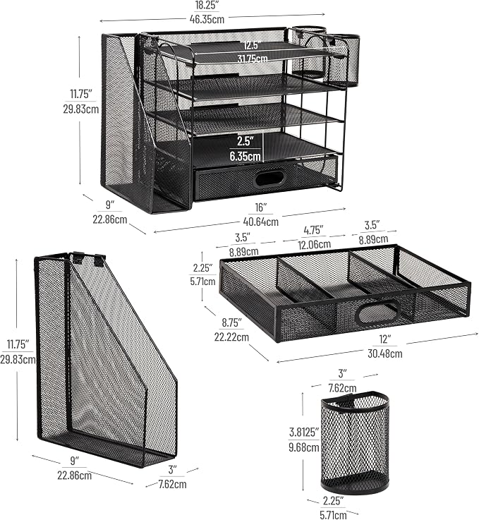 Mind Reader Mesh Desk Organizer, 4 Trays, 1 Drawer, File Holder, 2 Pen Cups - Image 3