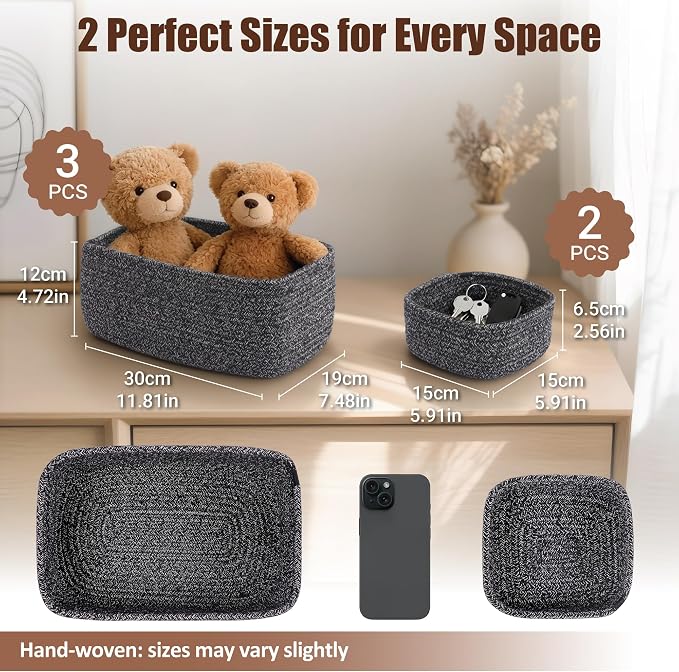 5-Pack Small Woven Rope Storage Baskets, 2 Sizes Organizer Bins | Fabric Cube - Image 2