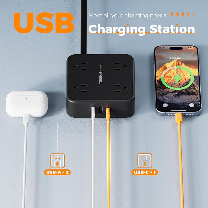 Surge Protector Power Strip, TESSAN 5 FT Black Flat Extension Cord - Image 5