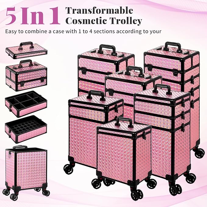 AROUS 5 in 1 Rolling Makeup Train Case Cosmetology Case on Wheels Large - Image 3