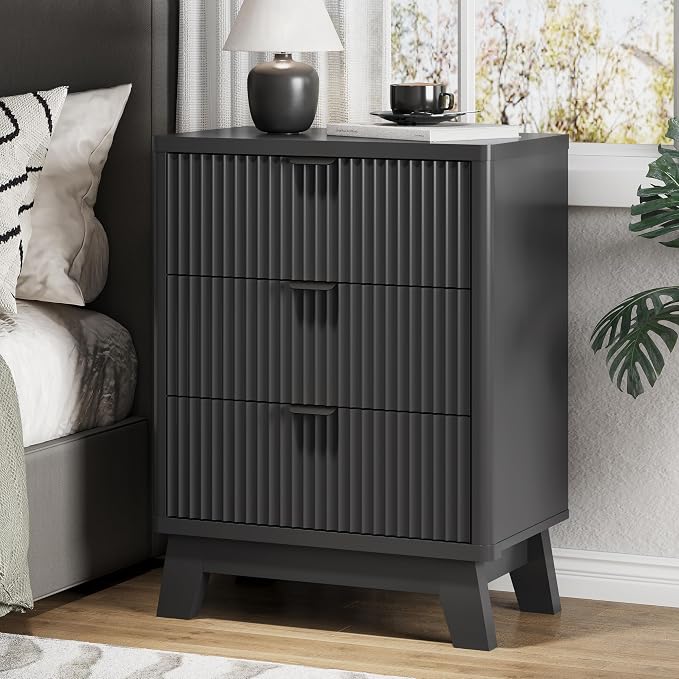 Fluted Nightstand with 3 Storage Drawers, Mid Century Modern Wooden Side Table by Xixini