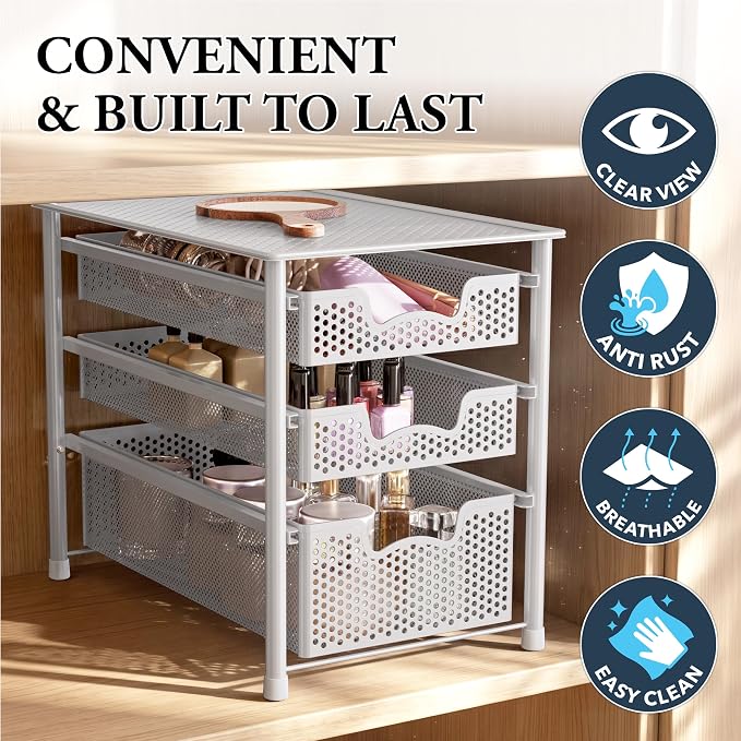 Simple Houseware 3 Tier White Alloy Steel Sliding Basket Organizer Drawer - Image 5