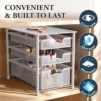Simple Houseware 3 Tier White Alloy Steel Sliding Basket Organizer Drawer - Image 5
