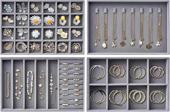 Velvet Jewelry Drawer Organizer Trays – Large Grey Stackable Jewelry Storage by pickpiff