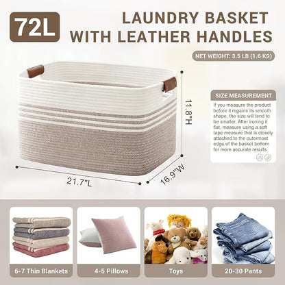 72L Large Laundry Basket with Leather Handles - Image 2