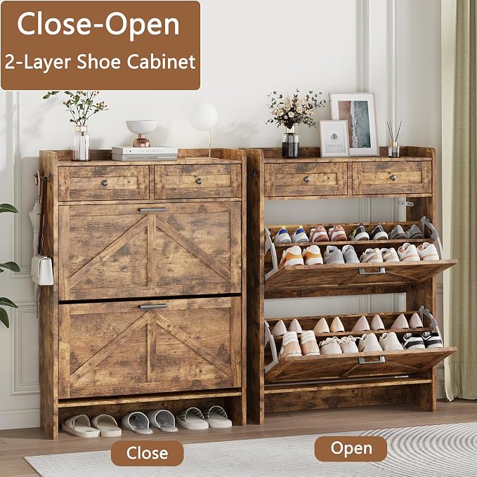 Shoe Cabinet with 2 Flip Drawers & 2 Top Drawers, Hidden Slim Shoe Rack - Image 4