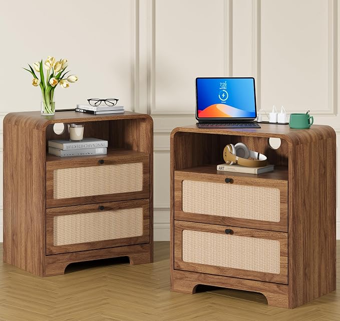 Set of 2 Night Stand with Charging Station, 19.7" Wooden Side Table Curved by AVZEAR