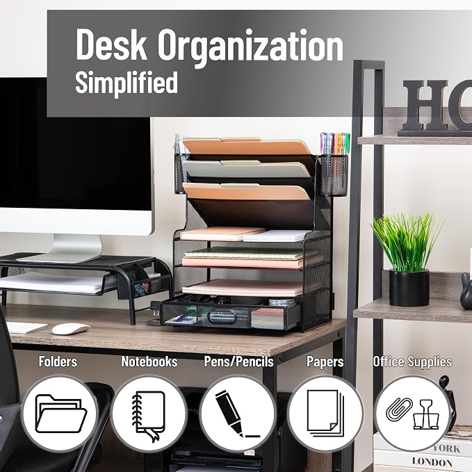 Mind Reader Mesh Desk Organizer, 6 Compartments, 1 Drawer, 2 Pen Cups, Office - Image 2